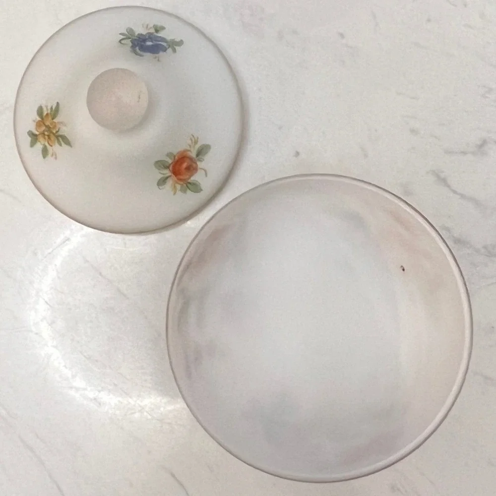 Vtg Italian Frosted Satin Glass Candy Dish‎ Rossini Hand Painted Pedestal Lidded